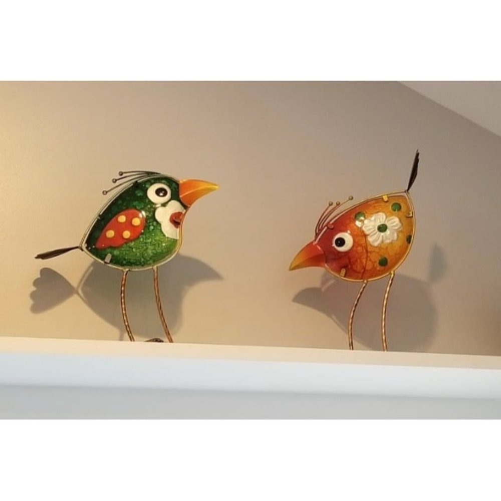 Garden Decor for Outside - Outdoor Statue Decorations Metal Bird Glass, 3 Pcs